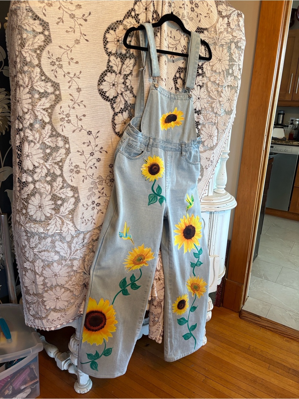 Sunflower up, cycled hand painted and appliquéd overalls